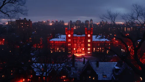 Red lit gothic campus building at night in winter city.