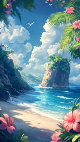 Tropical Paradise Beach with Dramatic Cliffs and Blooming Flowers
