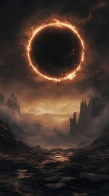 Burning eclipse over dark rocky wasteland landscape scene.