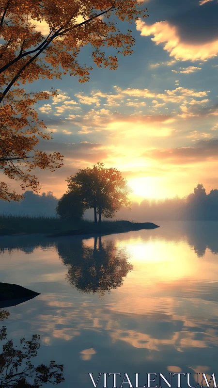 Sunrise over still lake with autumn trees and mirrored reflections