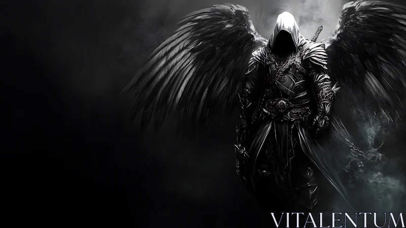 Dark winged reaper in monochrome fantasy armor composition.