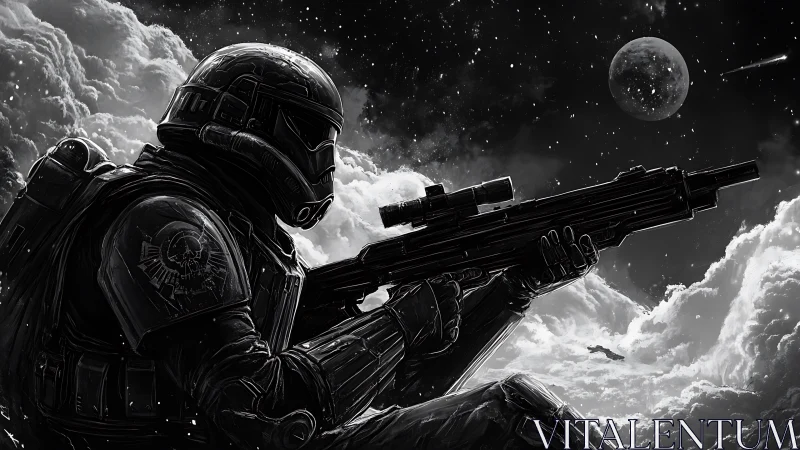 Monochrome sci-fi sniper trooper in celestial cloudscape.