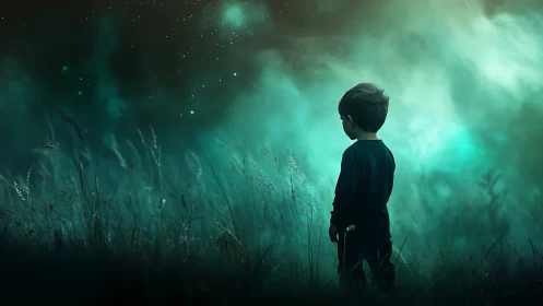 Solitary child silhouetted in teal cosmic night meadow.