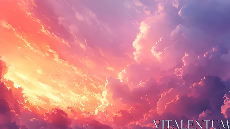Radiant digital sky with warm pink and orange clouds.