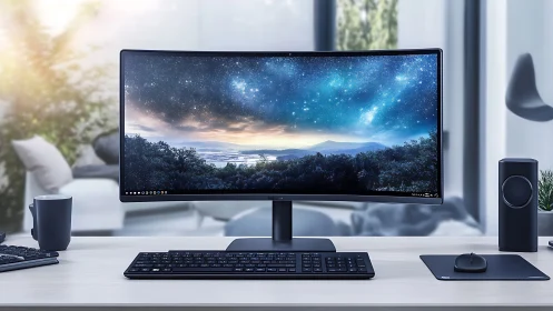 Curved monitor workspace glows with serene night sky vista