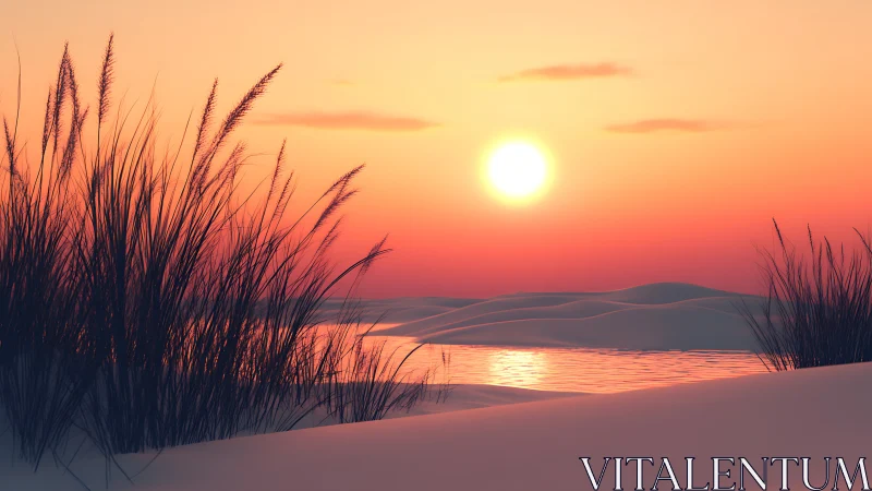 Desert lagoon sunset reflects over soft pastel dunes.