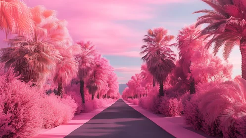 Infrared-style palm avenue under monochrome magenta sky