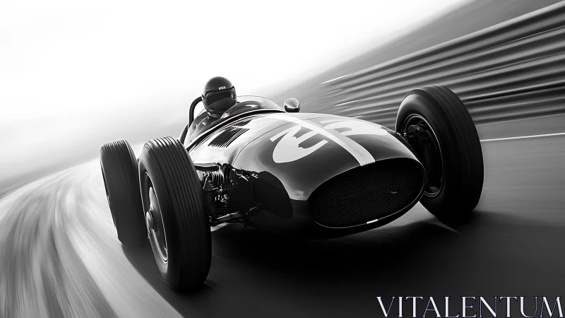 Vintage race car charging through a bright blurred racetrack.