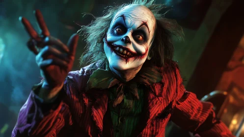 Grotesque clown portrait under eerie neon bar light.