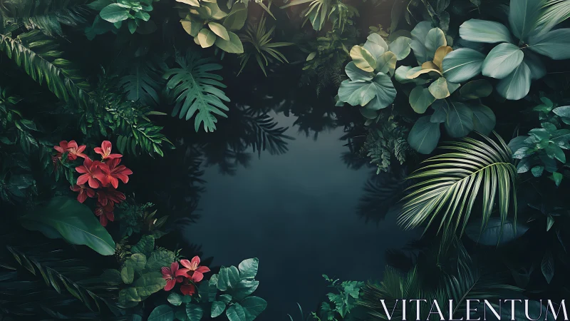 Symmetric tropical foliage frame encircling dark negative space.