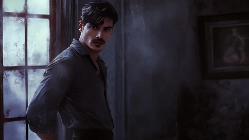 Moody man stands by frosted window in blue twilight room.