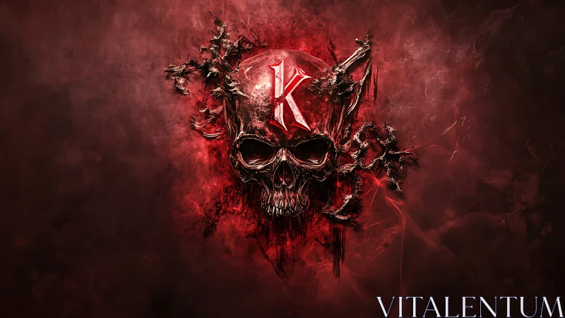 Red fractured skull emblem with central K on dark background.
