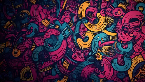 Interlocking curved forms create dense cyan, magenta and yellow abstract field