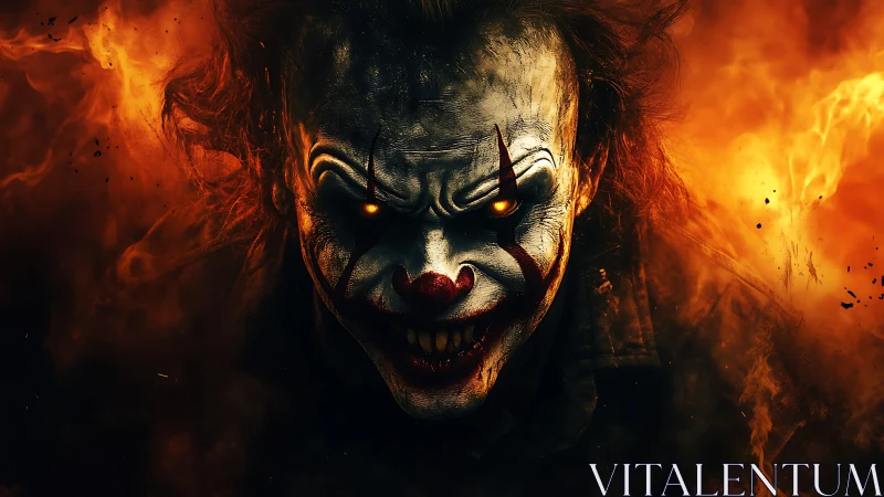 Malevolent clown portrait framed by infernal flames.
