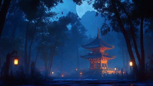 Moonlit pagoda in blue forest with warm lantern glow.
