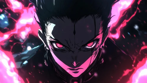 Intense anime warrior with neon pink aura and hard lighting.