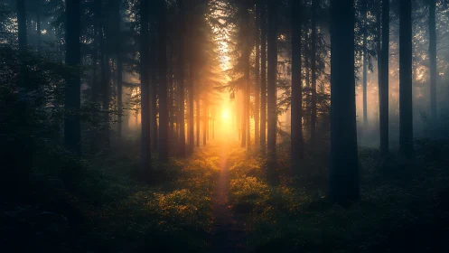 Forest path with sunrise illumination through dense tree canopy