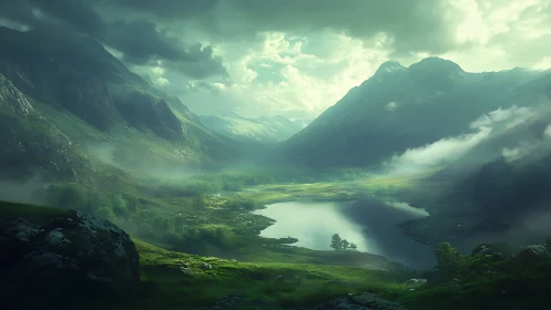 Emerald valley lake rests under brooding stormlit mountains