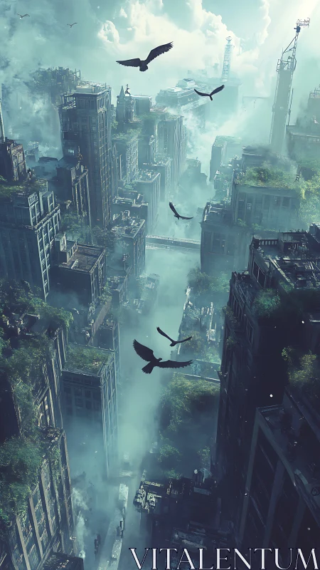 Skyline reclaimed by mist, birds, and quiet urban wilds.