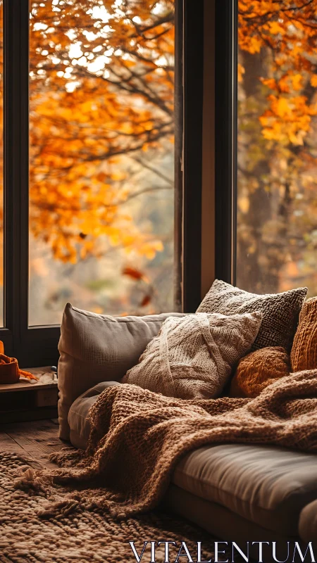 Cozy autumn window lounge with knitted textiles and cushions.