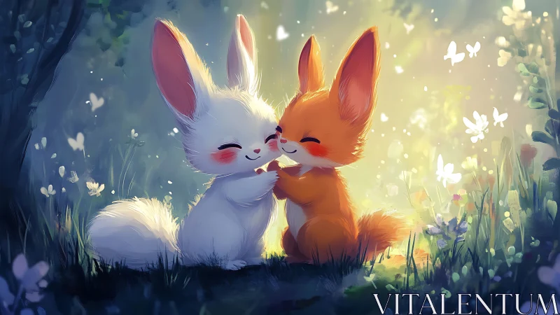 Enchanting forest bunnies share a tender, glowing embrace.