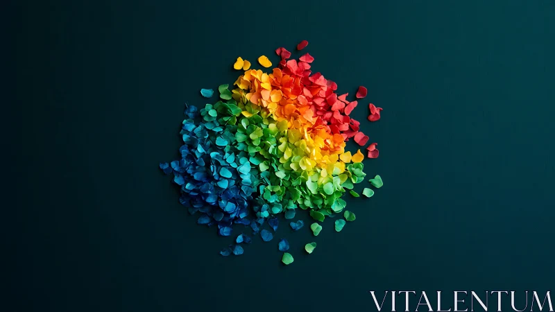 Rainbow petal cluster on dark teal negative space background.
