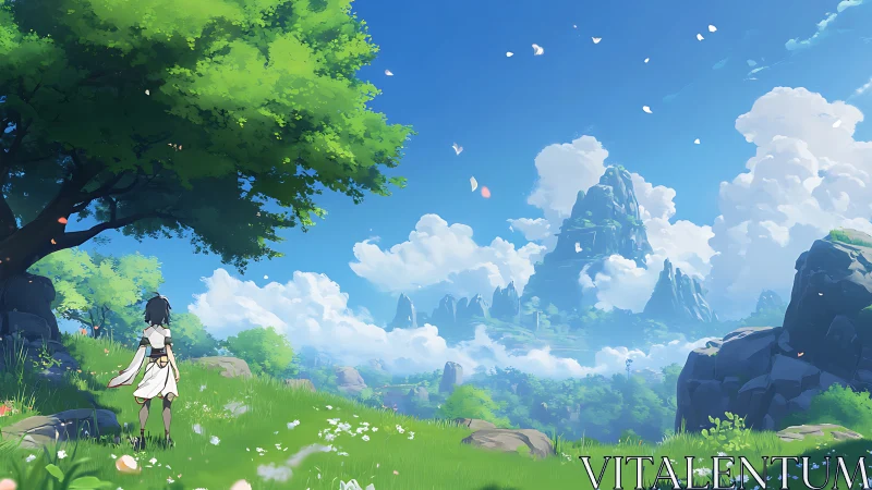 Young traveler faces distant mountains in bright valley.