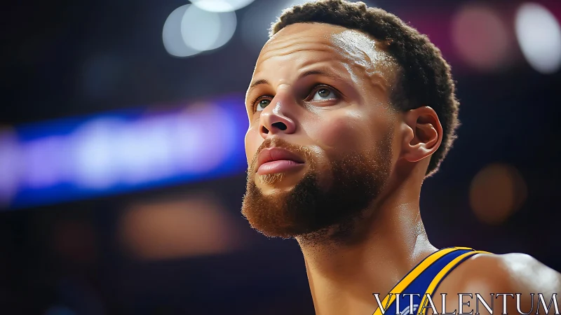 Basketball guard gazes upward under vivid arena lights.