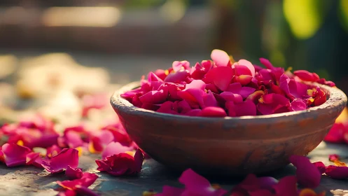 Rose petals float in terracotta bowl, warm sunlight glowing.