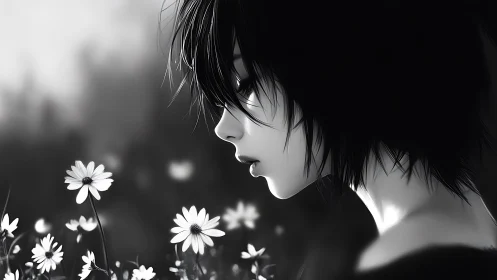 Monochrome side profile of youth near daisies outdoors.