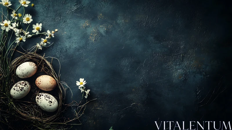 Nest with speckled eggs and daisies on dark textured surface.
