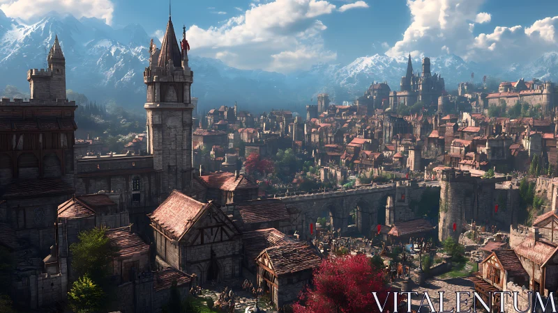 Sunlit mountain kingdom sprawls beneath watchful castle towers.