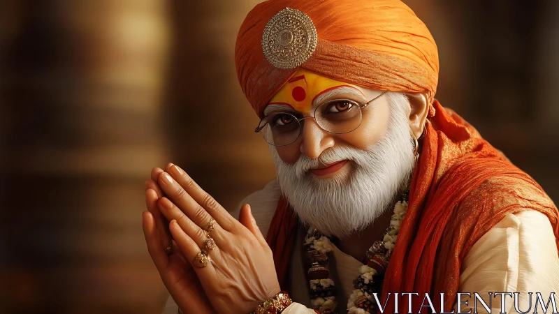 Photorealistic portrait of elderly spiritual guru in orange turban