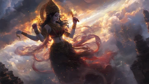 Mythic goddess figure above storm-lit fantasy cityscape.