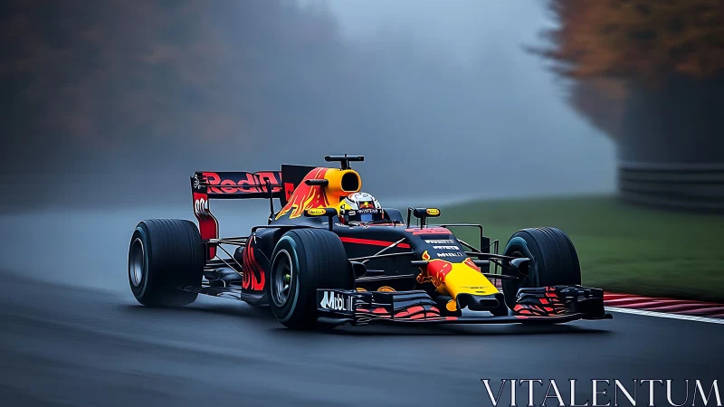 Formula One car on misty circuit, Red Bull livery, high speed