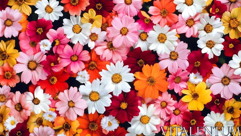 Vibrant Cosmos Flower Arrangement Against Dark Background