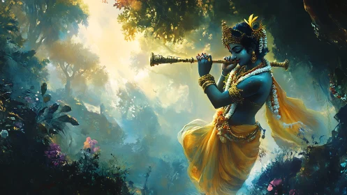 Mystic blue deity playing flute in radiant forest light.