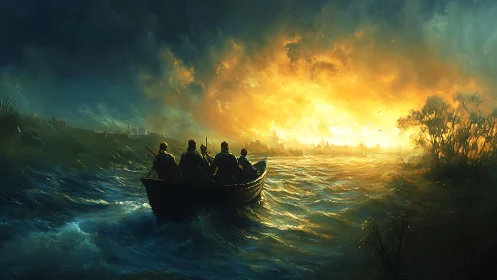 Boat of evacuees crossing storm-lit river toward burning city.