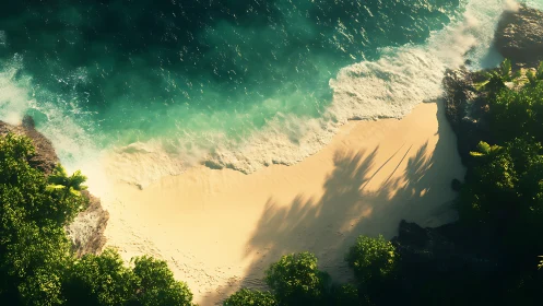 Aerial beach cove with turquoise water and sandy shore