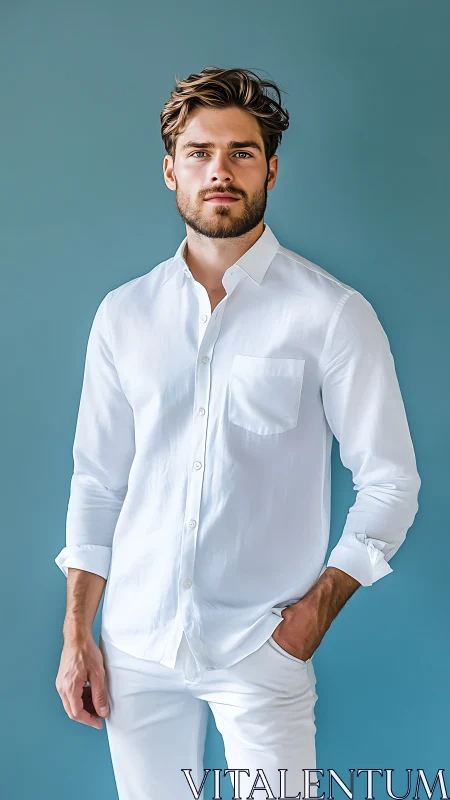 Crisp white style against teal, modern portrait in cool balance.