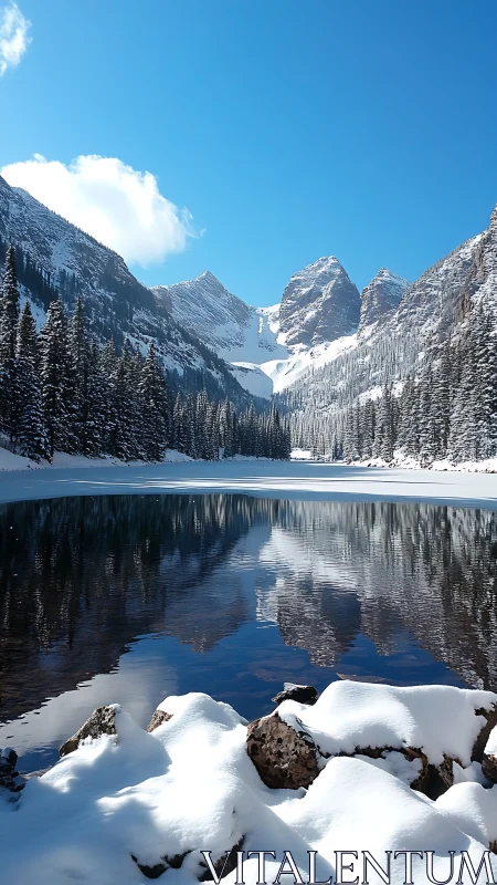 Peaceful snowy lake cradled by bright blue mountain skies.