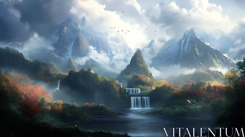 Layered alpine waterfalls in misty autumn fantasy valley