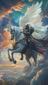 Winged paladin in baroque armor riding luminous warhorse