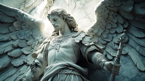 Marble winged warrior statue with ornate armor and staff.