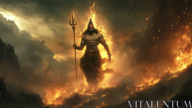 Mythic warrior in fiery volcanic landscape at dusk.