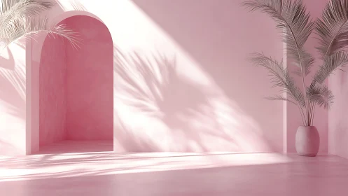 Soft pink archway with graceful palms and dreamy shadows.