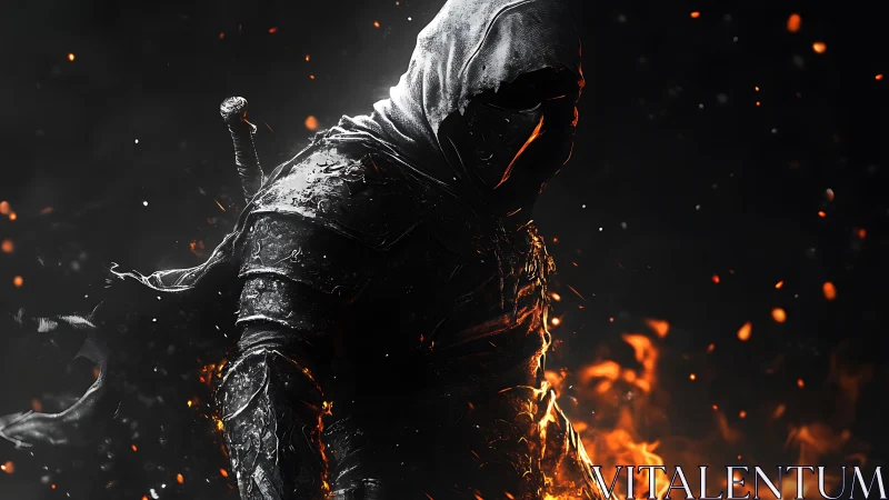 Armored hooded warrior figure amid embers and fire glow.