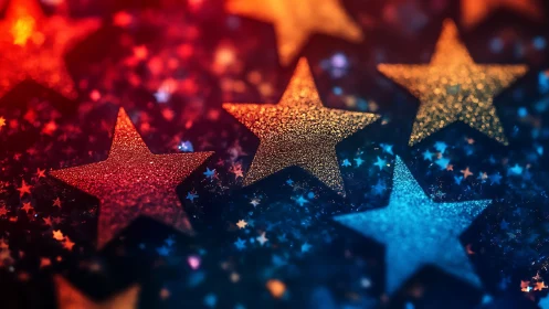 Bokeh-lit glitter stars in saturated red, orange, and blue field.
