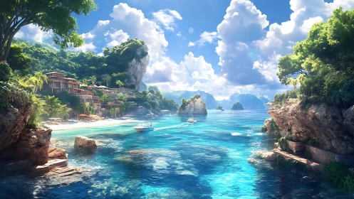 Digitally Rendered Tropical Lagoon with Architectural Resort Nestled Within Limestone Formations