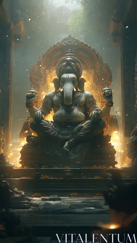 Ganesha statue in ornate shrine with warm glowing light.